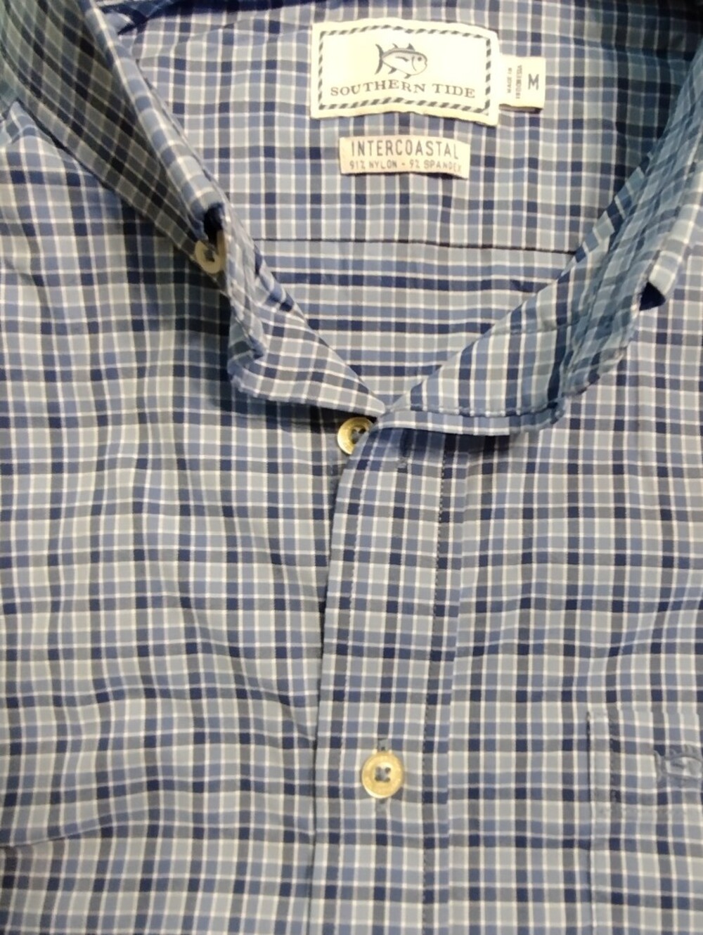 💚 RUC Southern Tide Men's Light and Navy Blue Check Button-Down Shirt Medium